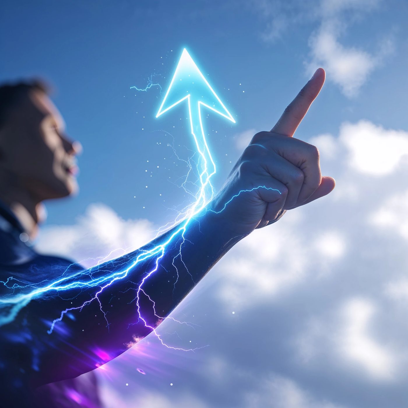 The D.C Alacrity image: a hand points into the sky as lightning runs up the arm into a glowing arrow