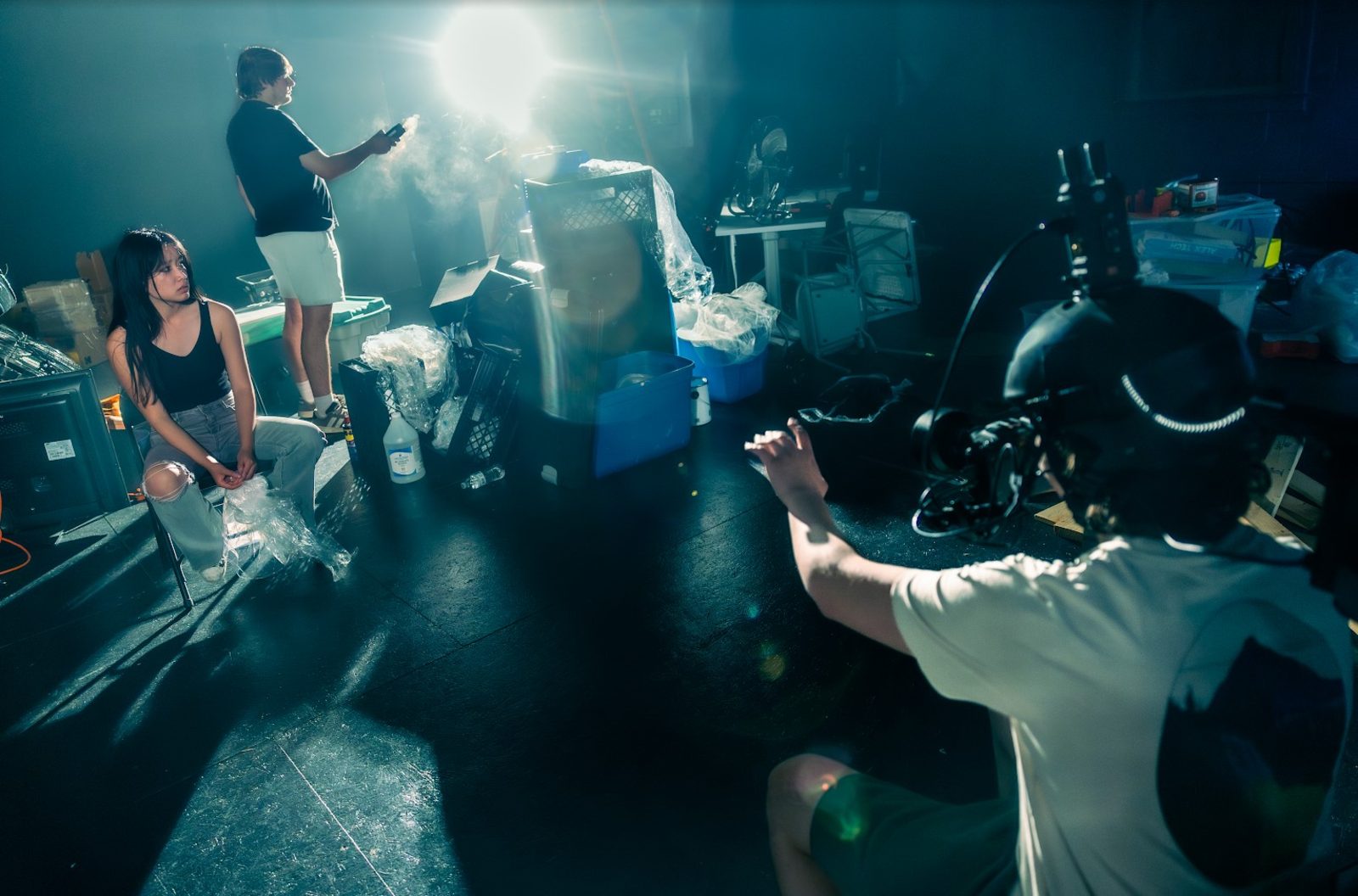 On set: Janaye in the warehouse scene, the Insta360 Titan rig in the foreground
