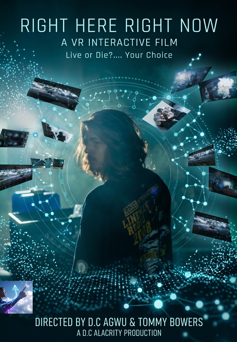 Right Here Right Now! poster — Lucas surrounded by the film’s branching scenes. Live or die? Your choice.