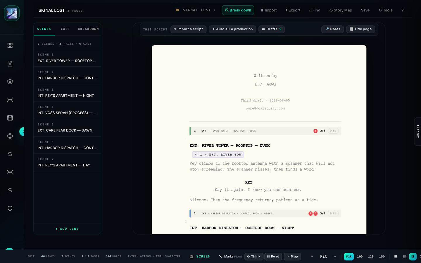 Pure Alacrity’s Script Studio — a formatted screenplay page